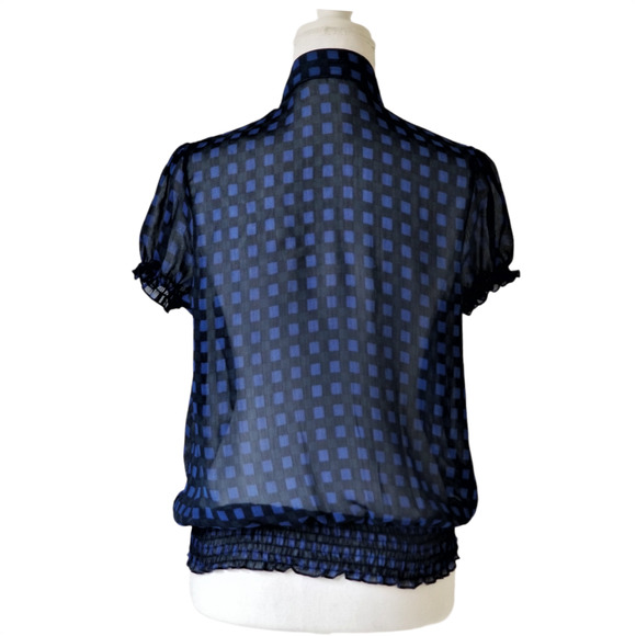 Bow Tie Neck Grid Checks Shirt Office Work Top Blouse - Size Small - Picture 2 of 4